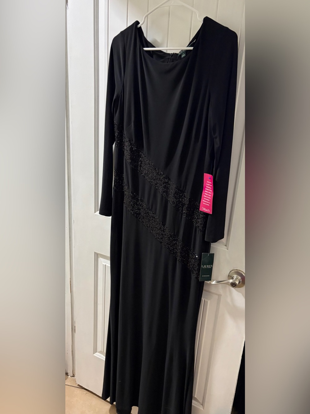 Ralph Lauren Black Long Sleeve Evening Gown with Sequin Diagonals